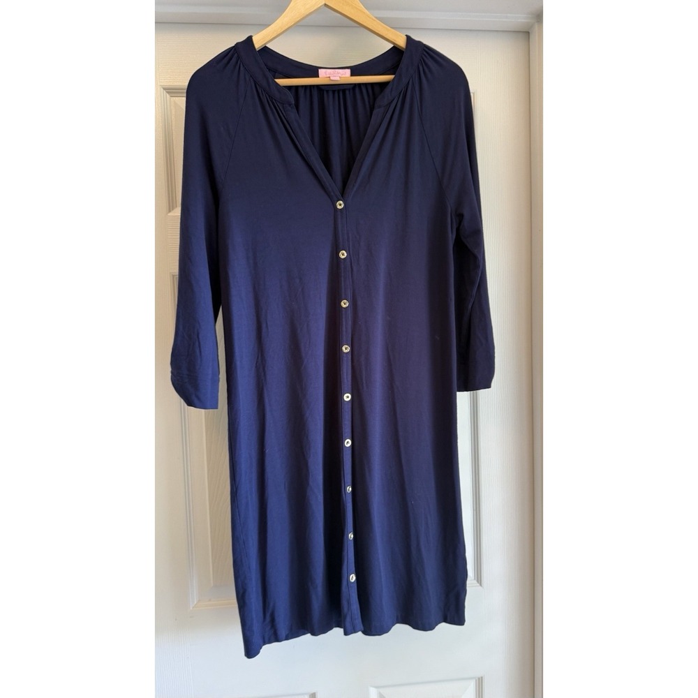 Lilly Pulitzer Shirt Dress Womens Medium Navy‎ Blue Button Front 3/4 Sleeve Knit